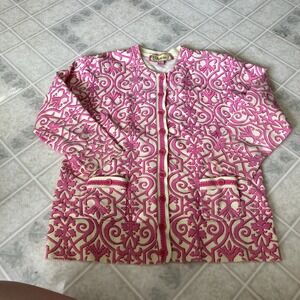Lilly & Van Pink Yellow Floral Cardigan Medium Contrast Ribbon Trim Old Money